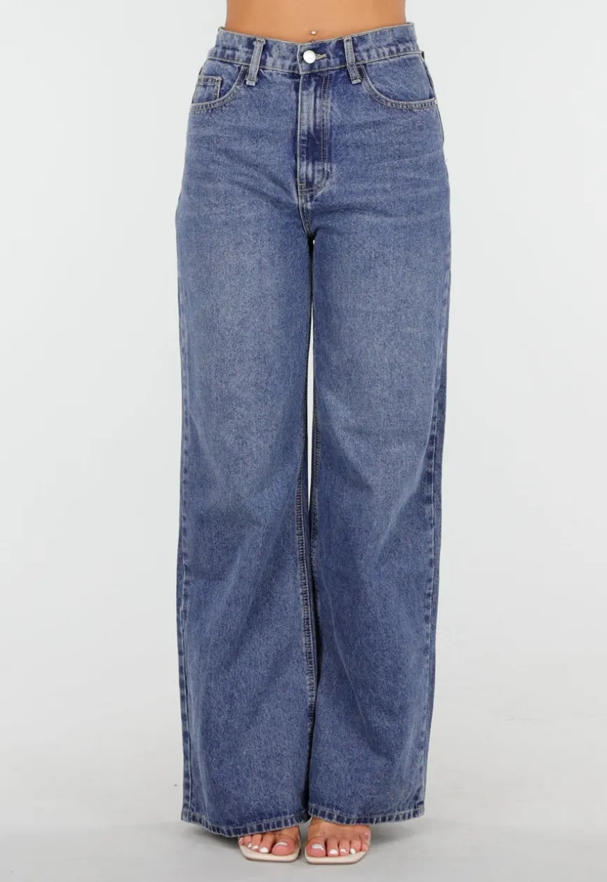 Donkerblauwe High Waist Wide Leg Jeans met Losse Pijpen