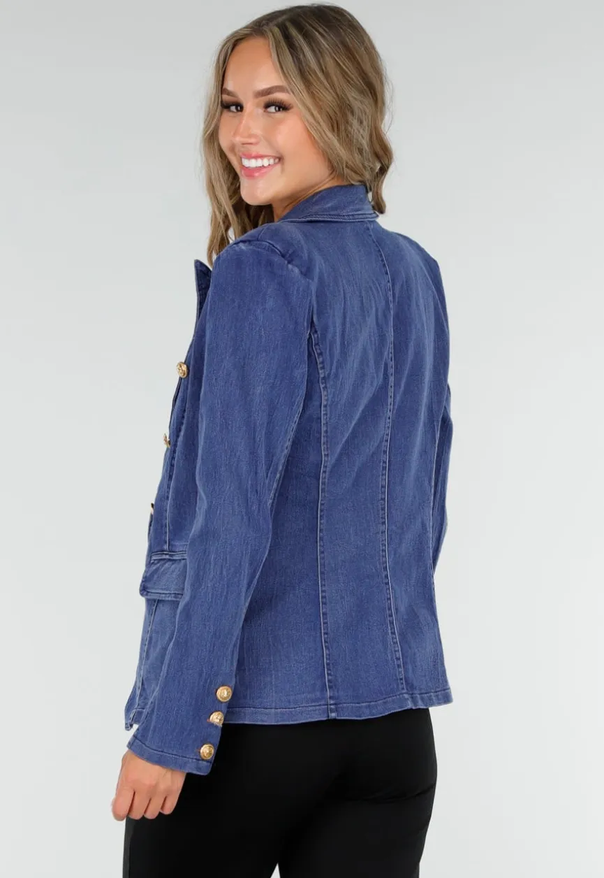 Donkerblauwe Jeans Blazer met Buttons