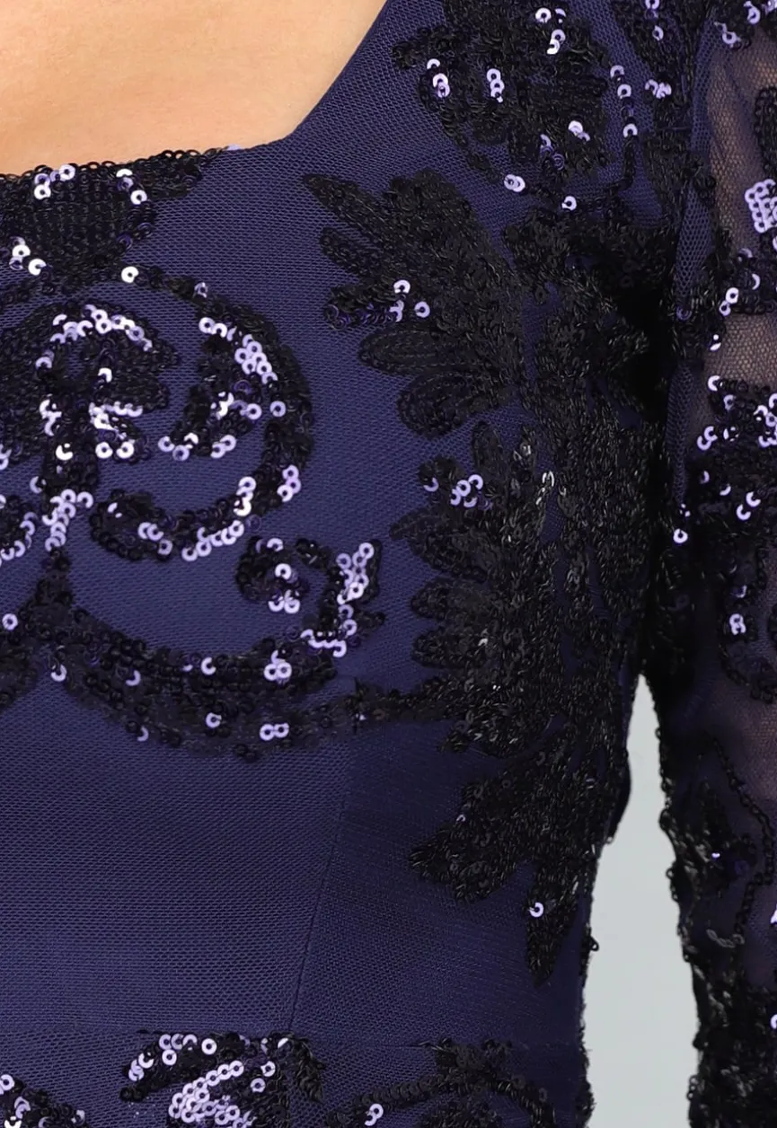Donkerblauwe Jurk met Pailletten Ornamenten