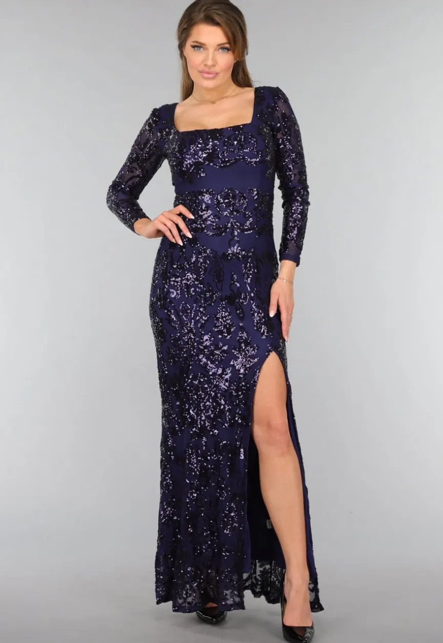 Donkerblauwe Jurk met Pailletten Ornamenten