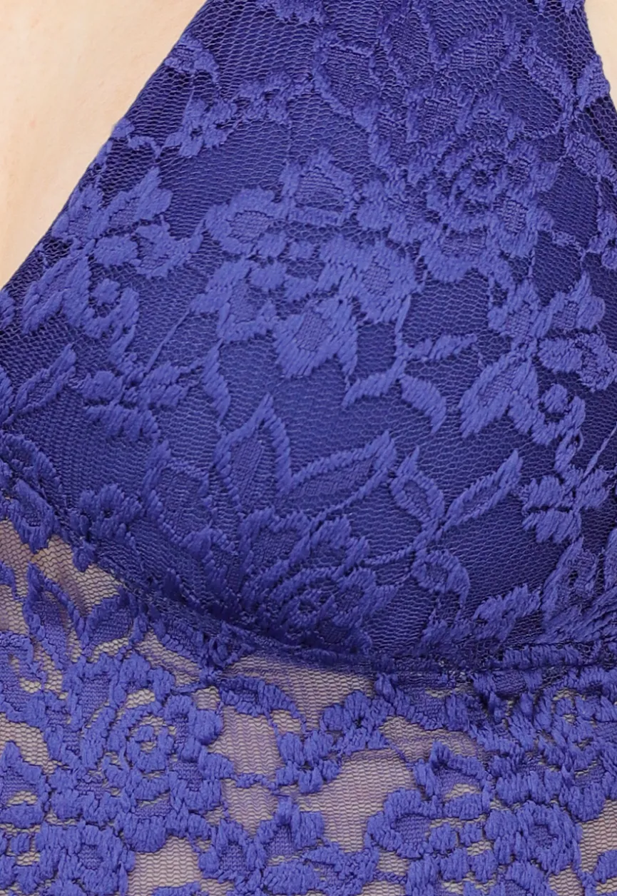 Donkerblauwe Kanten Stretch Haltertop met Open Rug en Gevoerd Detail
