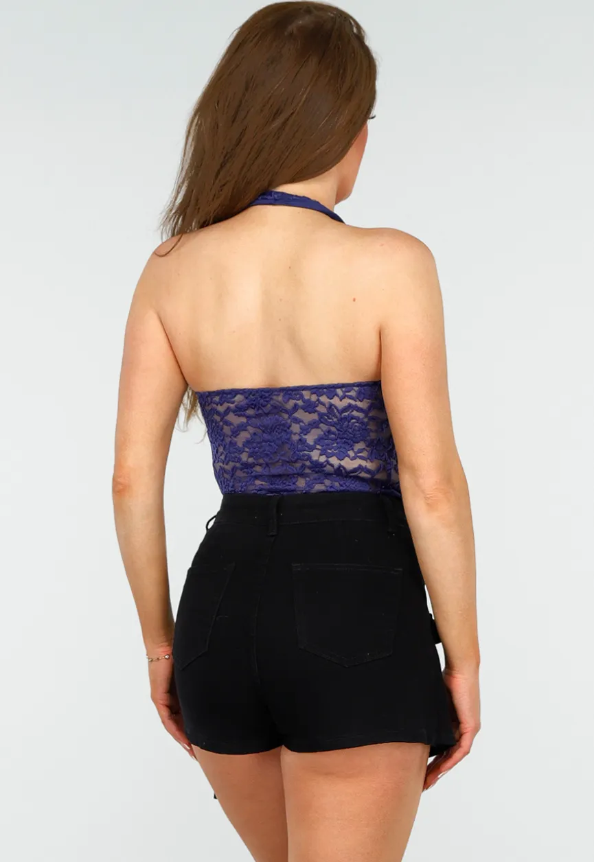 Donkerblauwe Kanten Stretch Haltertop met Open Rug en Gevoerd Detail