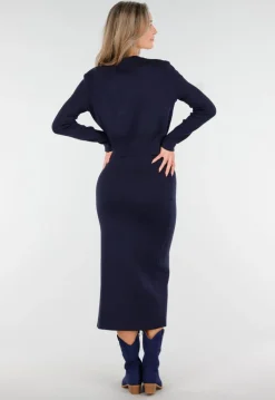 Donkerblauwe Knitted Set met Knopen en Split in de Rok
