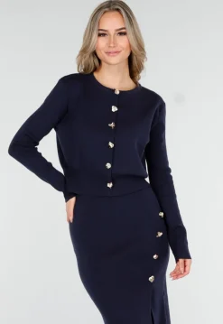 Donkerblauwe Knitted Set met Knopen en Split in de Rok