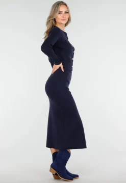 Donkerblauwe Knitted Set met Knopen en Split in de Rok