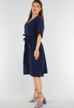 Donkerblauwe Linnenlook Jurk met Ceintuur en Overslag V-Hals