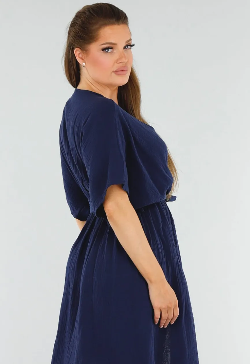 Donkerblauwe Linnenlook Jurk met Ceintuur en Overslag V-Hals