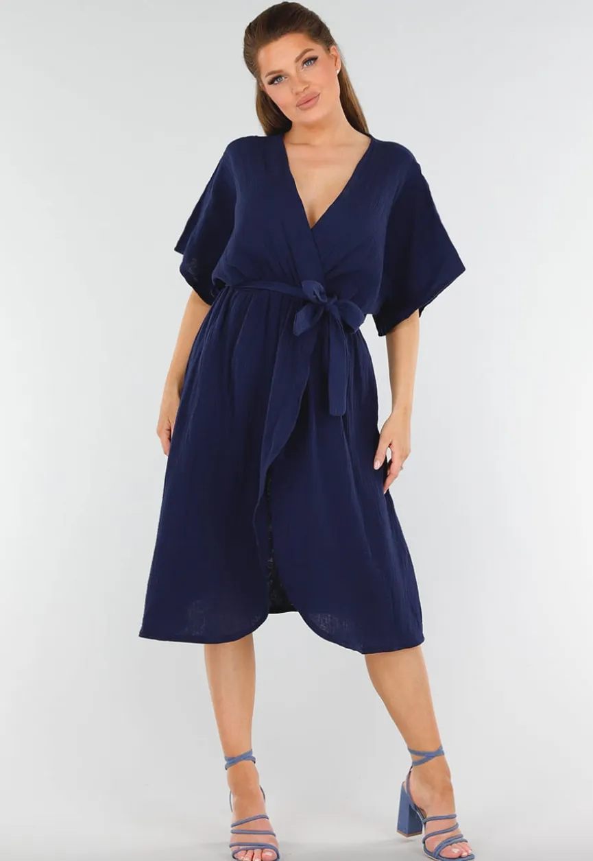 Donkerblauwe Linnenlook Jurk met Ceintuur en Overslag V-Hals