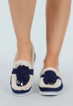 Donkerblauwe Loafers met Beige Bontvoering en Witte Zool