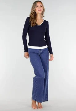 Donkerblauwe Longsleeve Top met V-Hals en Witte Boorden