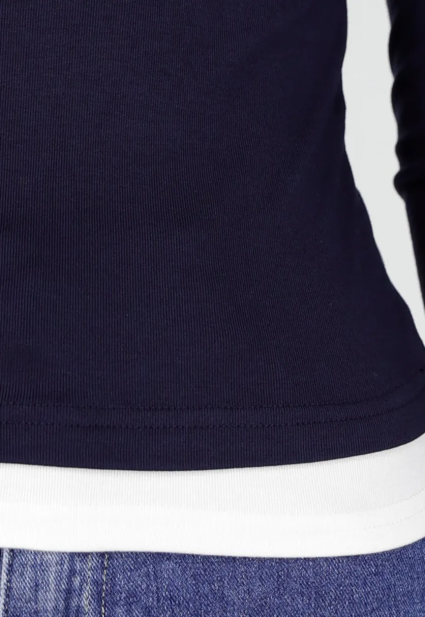 Donkerblauwe Longsleeve Top met Witte Boorden aan Hals en Mouwen