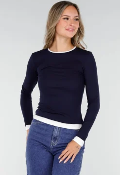 Donkerblauwe Longsleeve Top met Witte Boorden aan Hals en Mouwen