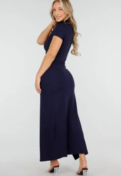 Donkerblauwe Maxi Jurk met Split en Colkraag
