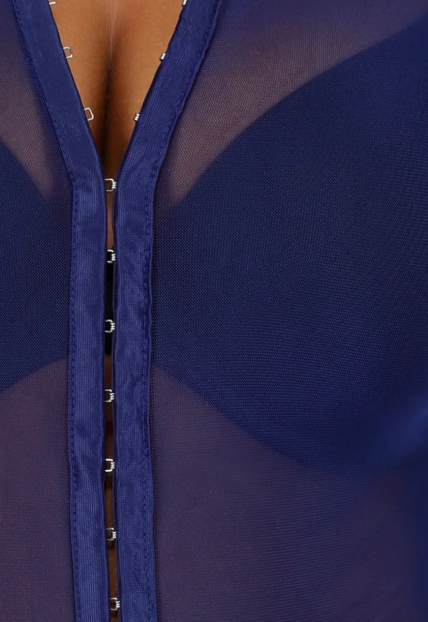 Donkerblauwe Mesh Bodysuit met Haaksluitingen