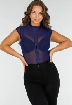 Donkerblauwe Mesh Bodysuit met Haaksluitingen
