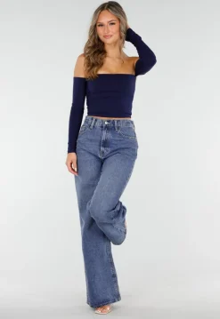 Donkerblauwe Off Shoulder Crop Top met Lange Mouwen