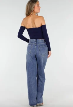 Donkerblauwe Off Shoulder Crop Top met Lange Mouwen