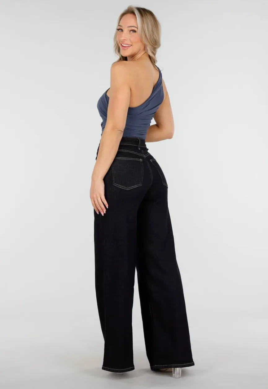 Donkerblauwe One Shoulder Body met Drapering in Mesh Stretch