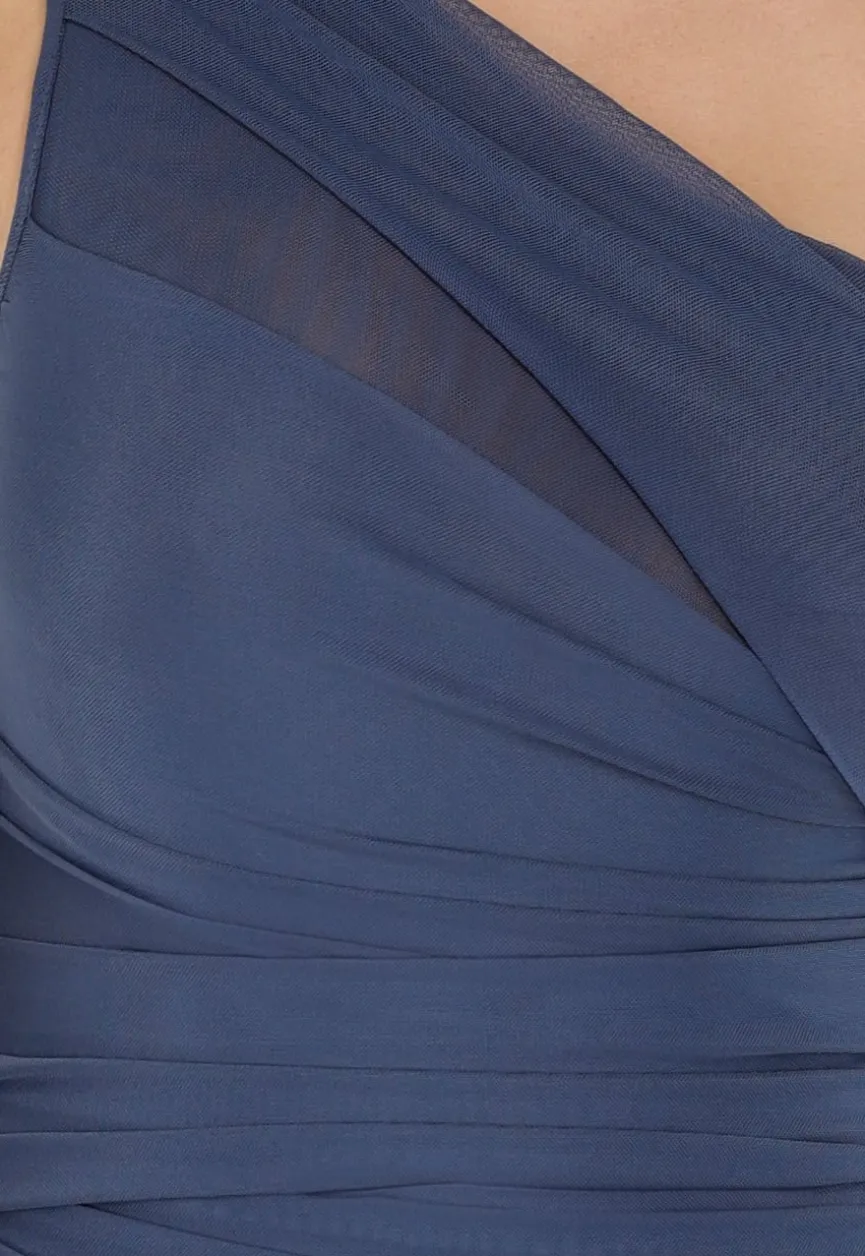 Donkerblauwe One Shoulder Body met Drapering in Mesh Stretch