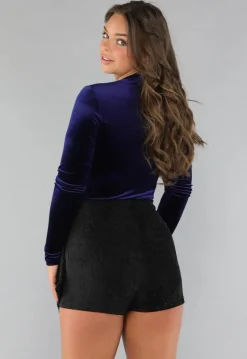 Donkerblauwe Overslag Bodysuit in Fluweel