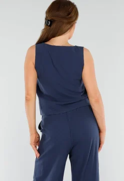 Donkerblauwe 2-Piece Set Met Wijde Broek en Strikdetails