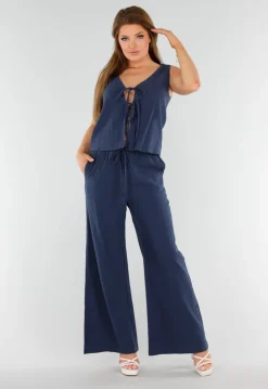 Donkerblauwe 2-Piece Set Met Wijde Broek en Strikdetails