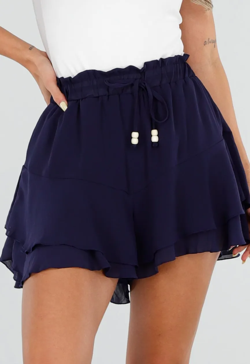 Donkerblauwe Ruffle Skort met Elastische Taille en Strikkoord