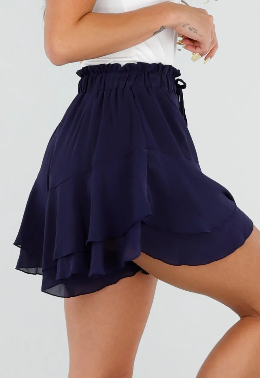 Donkerblauwe Ruffle Skort met Elastische Taille en Strikkoord