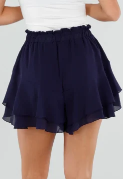 Donkerblauwe Ruffle Skort met Elastische Taille en Strikkoord