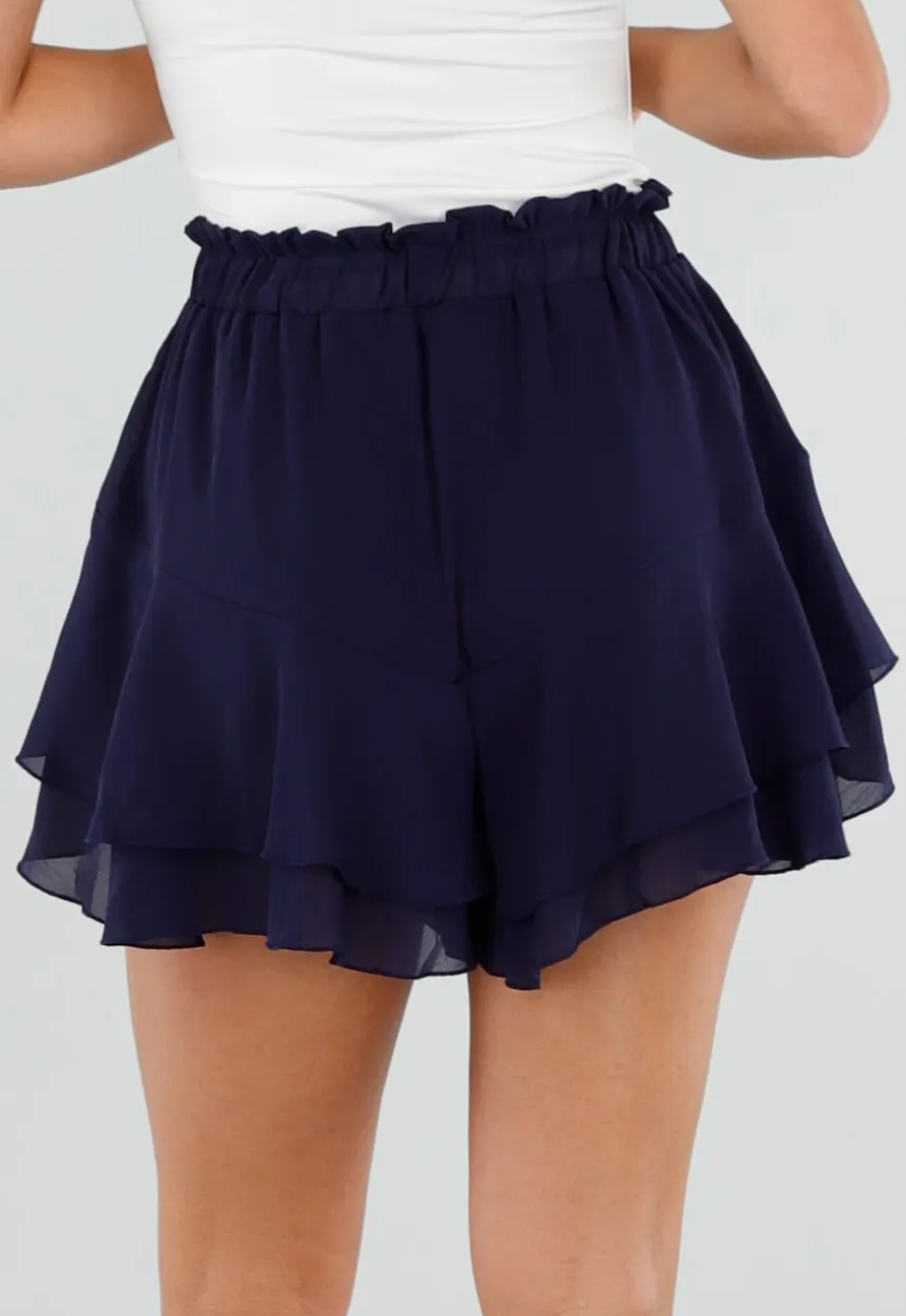 Donkerblauwe Ruffle Skort met Elastische Taille en Strikkoord
