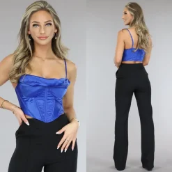 Donkerblauwe Satin Korset Top met Gedrapeerd Detail