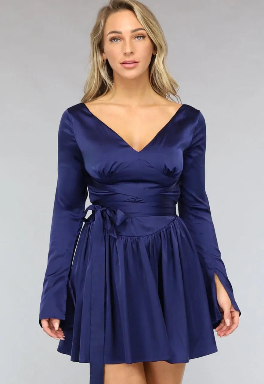 Donkerblauwe Satin Look Skater Jurk met Strikdetail