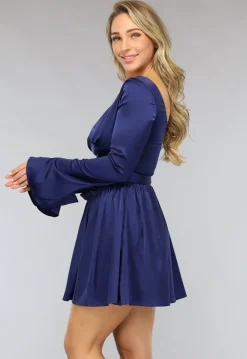 Donkerblauwe Satin Look Skater Jurk met Strikdetail