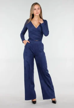 Donkerblauwe Straight Leg Suède Pantalon met Rechte Pijpen