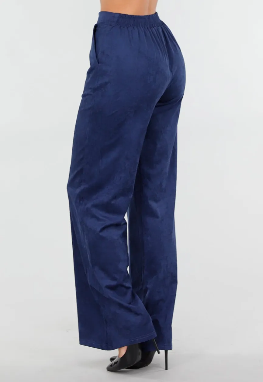 Donkerblauwe Straight Leg Suède Pantalon met Rechte Pijpen