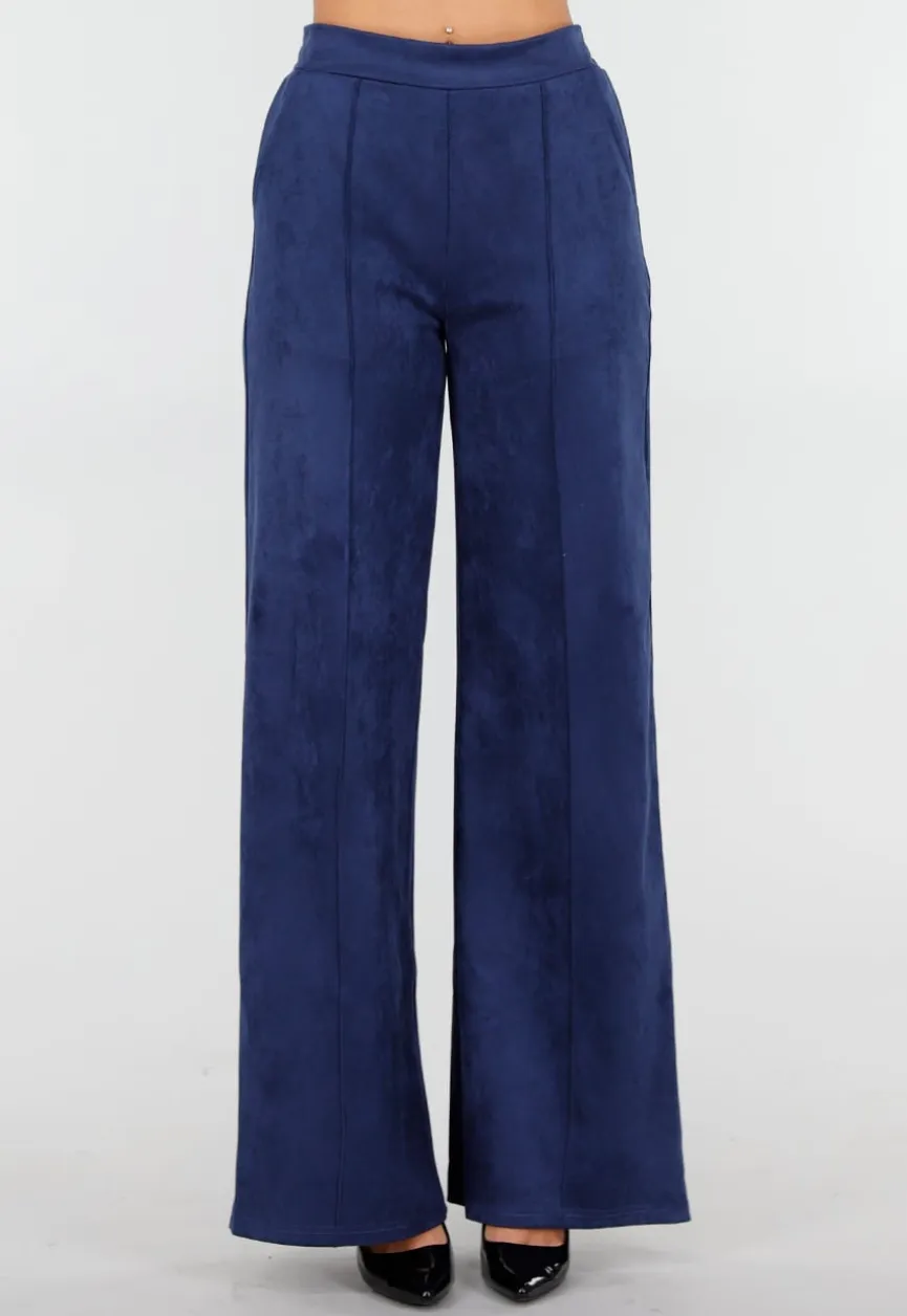Donkerblauwe Straight Leg Suède Pantalon met Rechte Pijpen