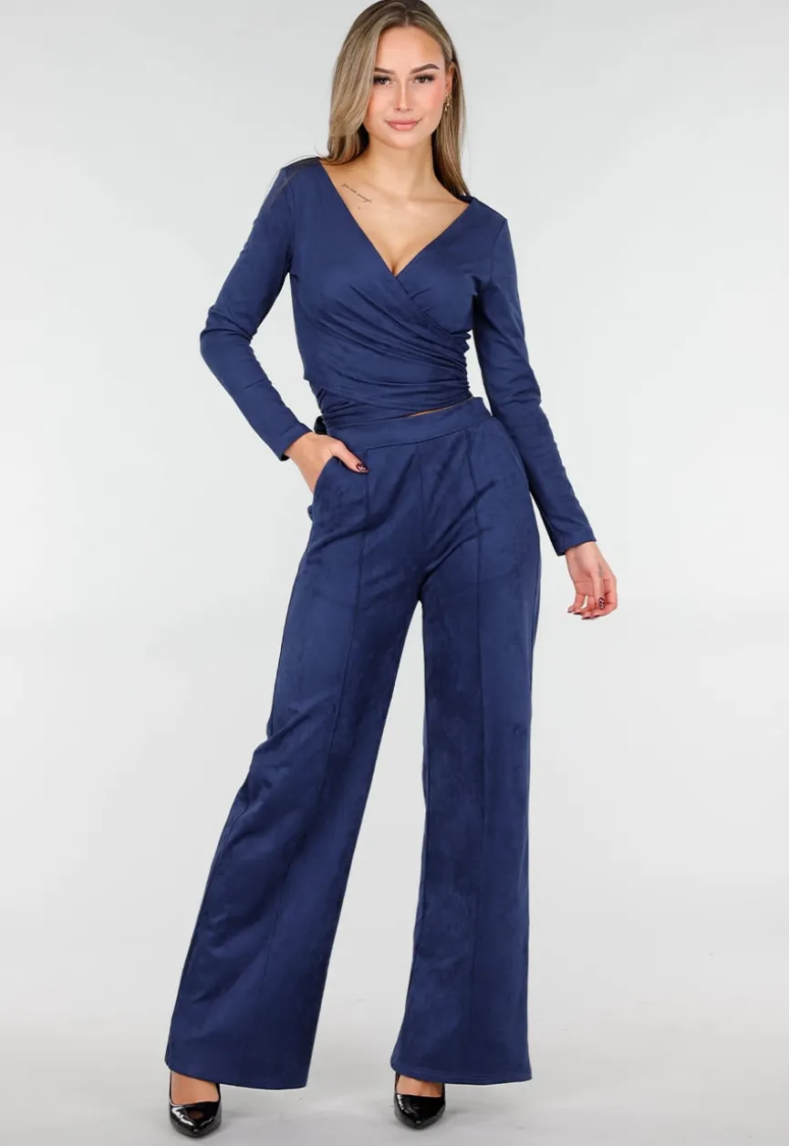 Donkerblauwe Suede Overslag Top met Stretch