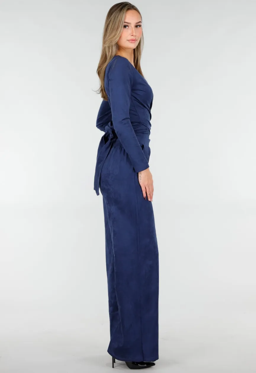 Donkerblauwe Suede Overslag Top met Stretch