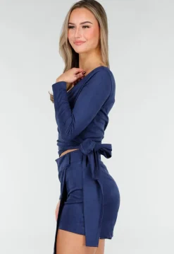 Donkerblauwe Suede Overslag Top met Stretch