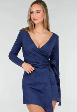 Donkerblauwe Suede Overslag Top met Stretch