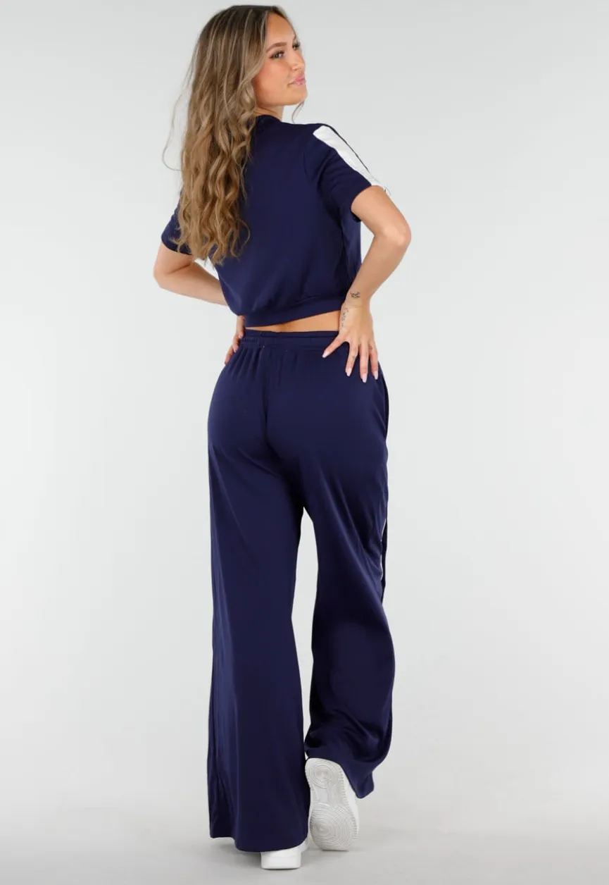 Donkerblauwe Two-Piece Set met Vestje en Wijde Pijpen