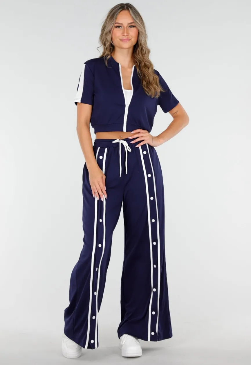 Donkerblauwe Two-Piece Set met Vestje en Wijde Pijpen