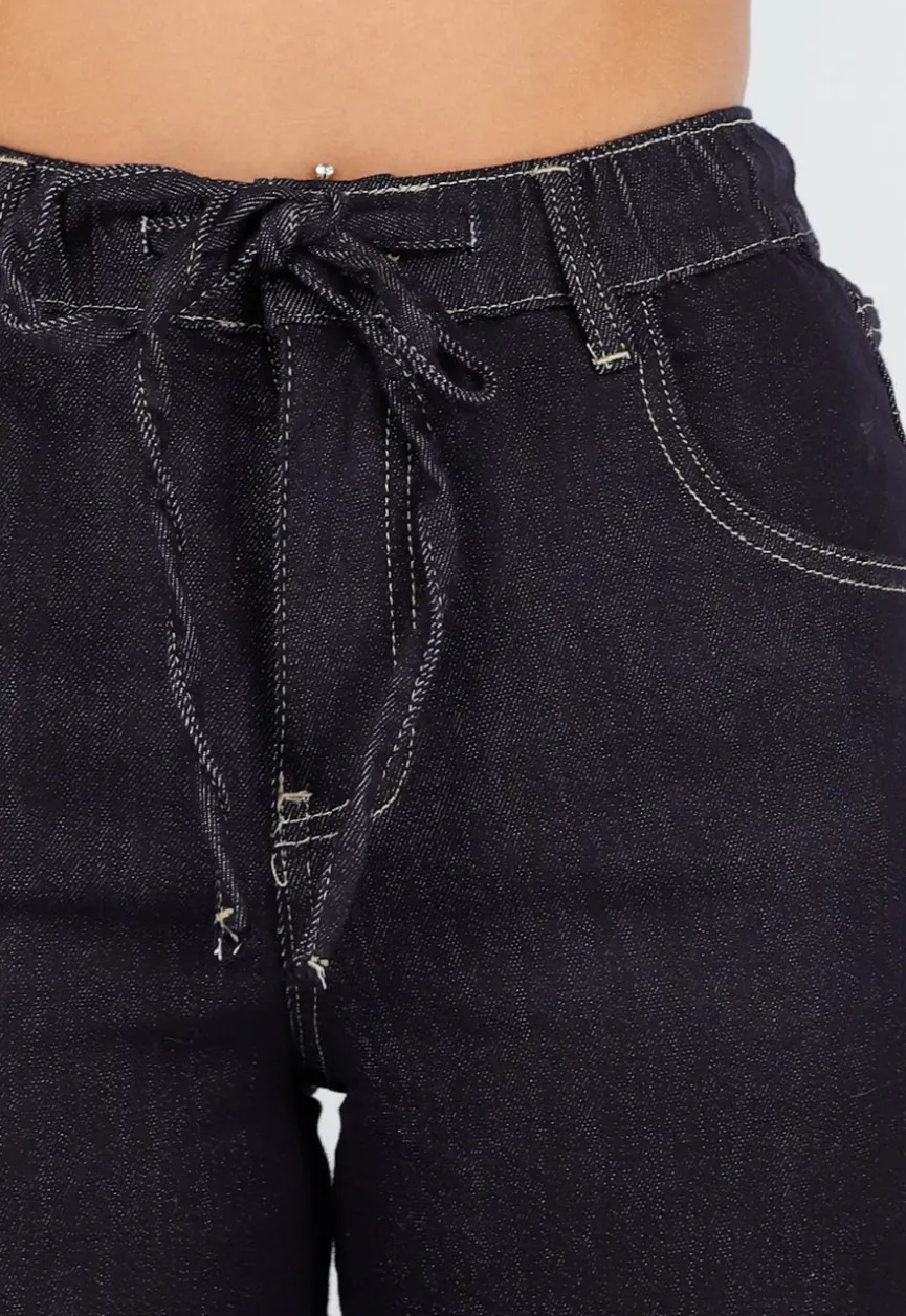 Donkerblauwe Wide Leg Jeans met Elastische Taille en Strikkoord