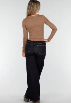 Donkerblauwe Wide Leg Jeans met Elastische Taille en Strikkoord