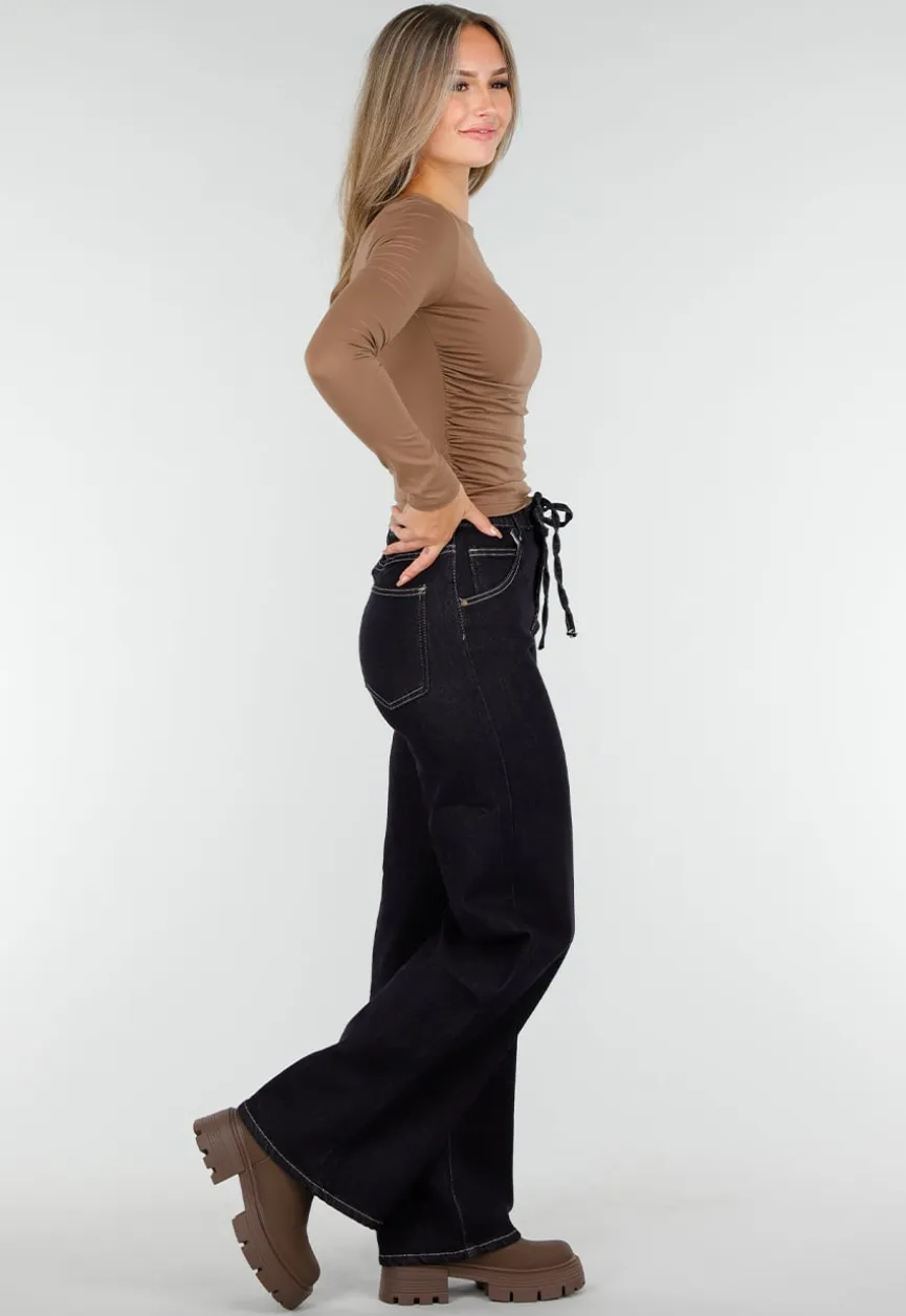 Donkerblauwe Wide Leg Jeans met Elastische Taille en Strikkoord