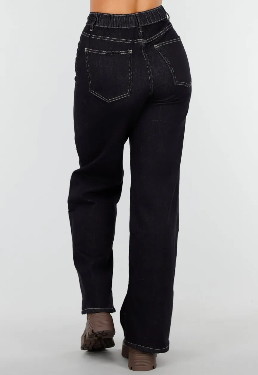 Donkerblauwe Wide Leg Jeans met Elastische Taille en Strikkoord