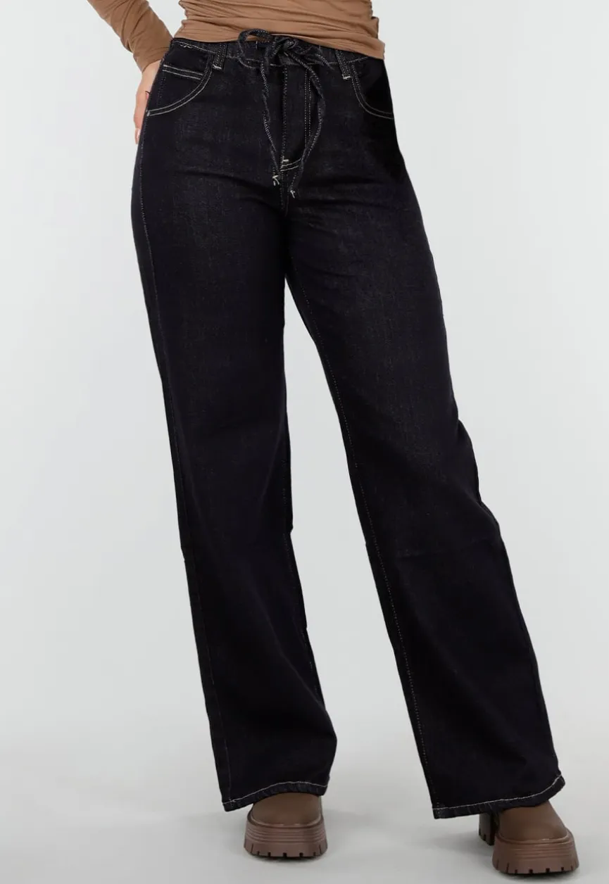 Donkerblauwe Wide Leg Jeans met Elastische Taille en Strikkoord