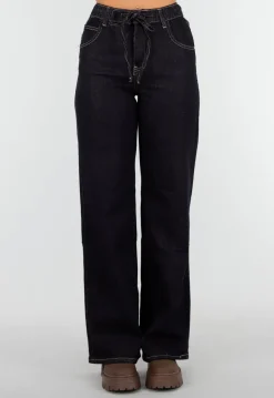 Donkerblauwe Wide Leg Jeans met Elastische Taille en Strikkoord
