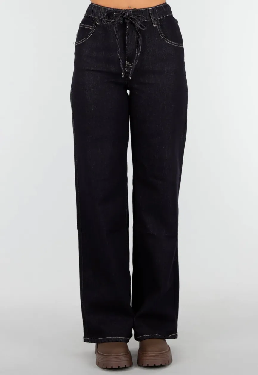 Donkerblauwe Wide Leg Jeans met Elastische Taille en Strikkoord