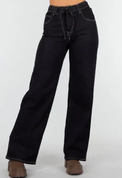Donkerblauwe Wide Leg Jeans met Elastische Taille en Strikkoord